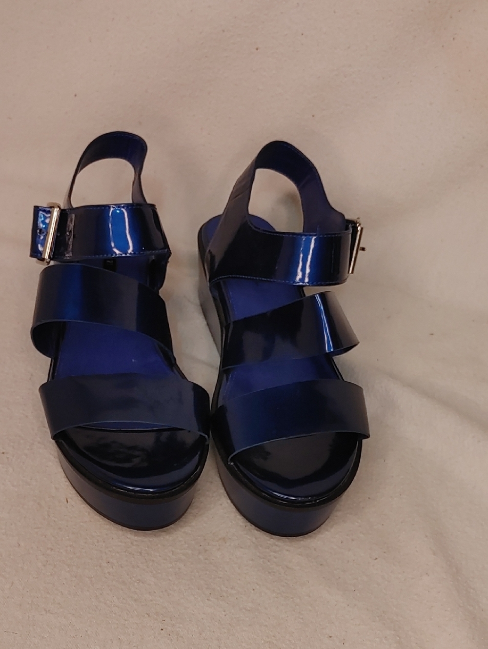 Patent Leather Electric Navy Blue Platform Sandals - Women's Strappy Buckle
